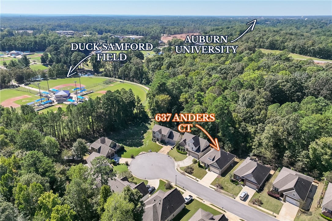 637 Anders Ct, Auburn, AL 36830, An aerial perspective captures the neighborhood se