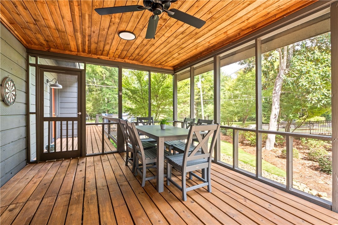420 Hare Ave, Auburn, AL 36830, A screened porch features a warm wood-paneled ceil